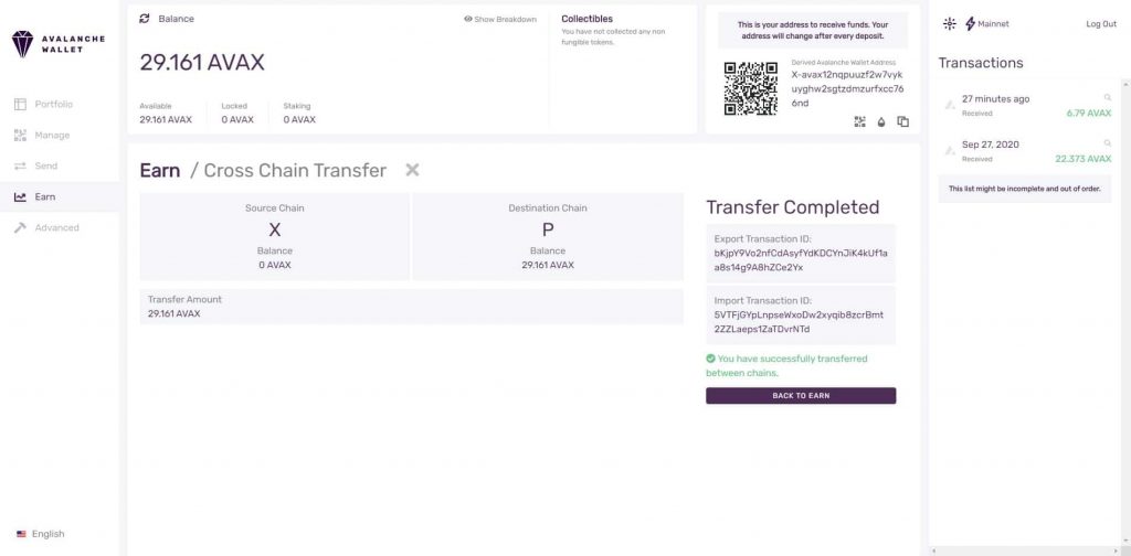 Avalanche Wallet P Transfer